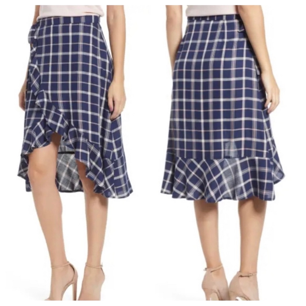 Somedays Lovin Navy Blue Plaid Ruffle Wrap Front Skirt SM NEW